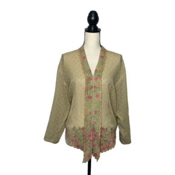 Lauren Ralph Lauren Embroidered Floral Lace Trim Sheer Blouse - Picture 4 of 13